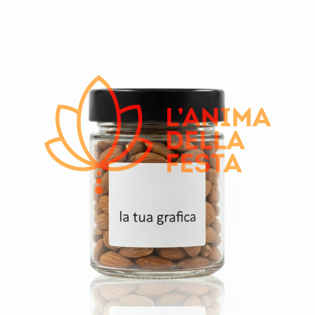 MANDORLE SGUSCIATE con Etichetta personalizzata Vetro 30gr - Bomboniere, Regali e Gadget Personalizzati per Wedding e Eventi B2B